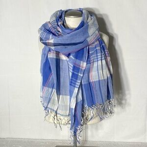5/$25 Blue White Pink Plaid Semi Sheer Scarf Wrap With Fringe